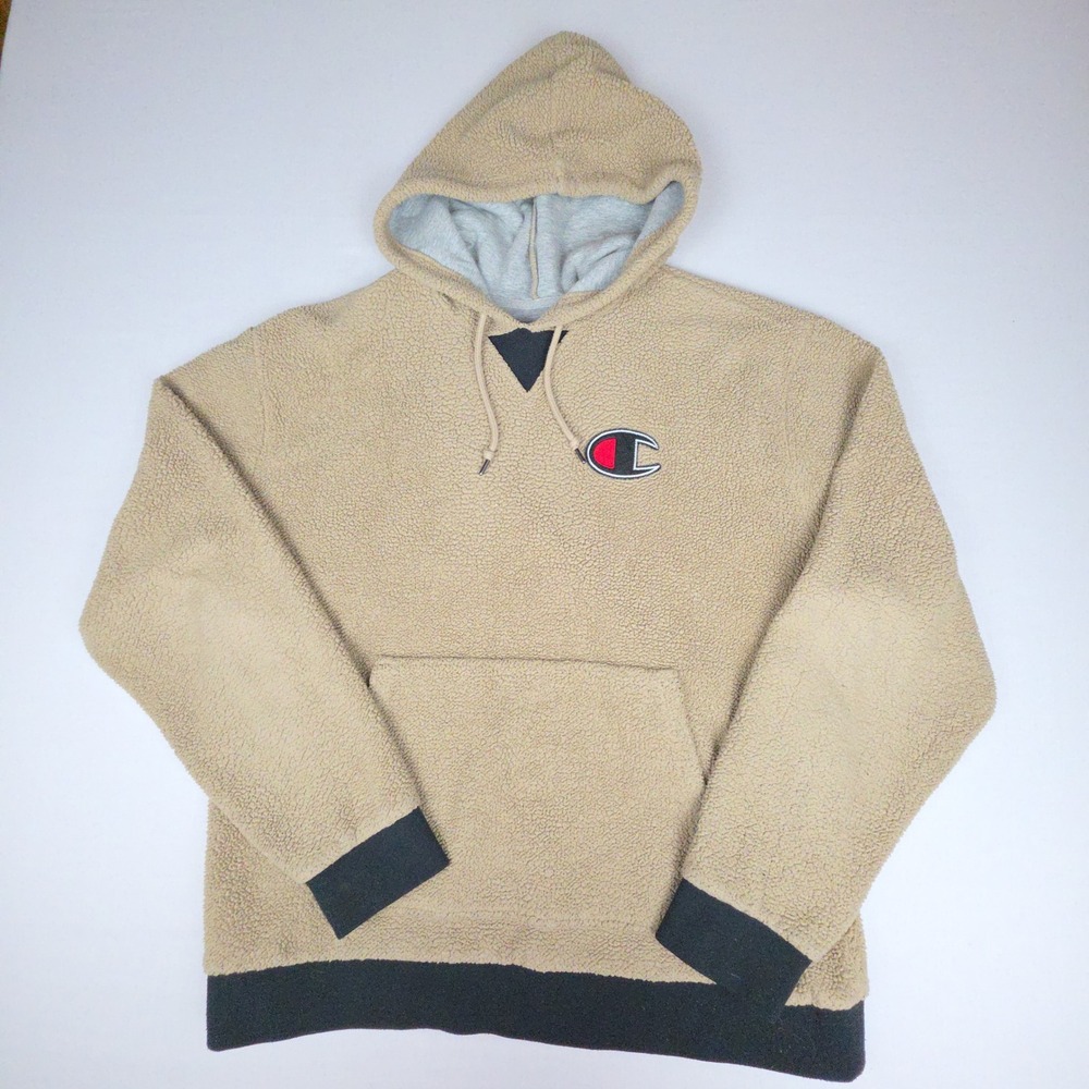 Champion Logo Sherpa Fleece Pullover Hoodie Mens XL Tan Sweatshirt Lining